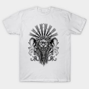 Lion Singing into Microphone with Baroque Leaves and Sunrays T-Shirt